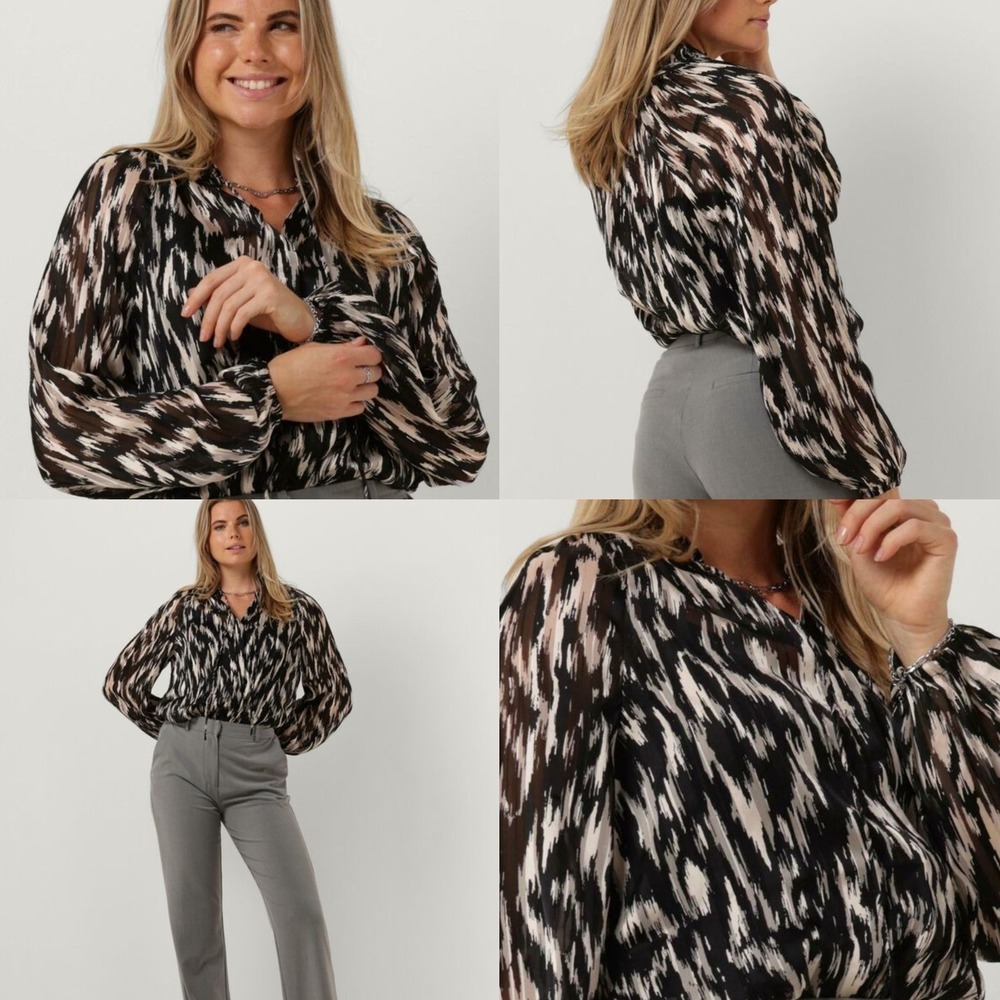 H&M Blouse Top Womens XS Black/Patterned Abstract Tie Closure Long Sleeve NWT